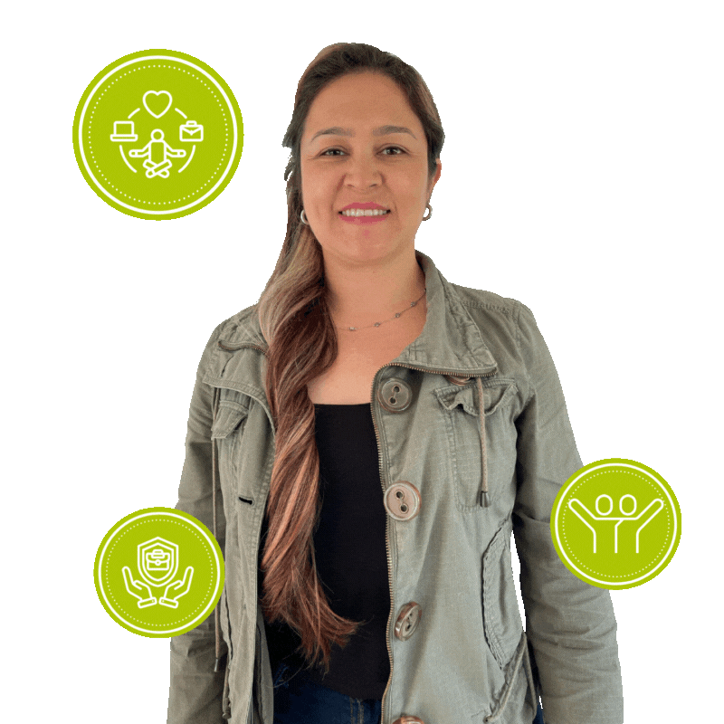 Mujer joven con iconos de seguridad y salud en el trabajo