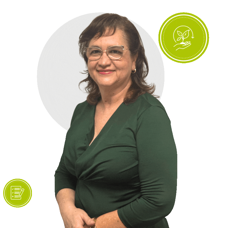 Consultora con iconos del servicio sostenibilidad y continuidad de negocio